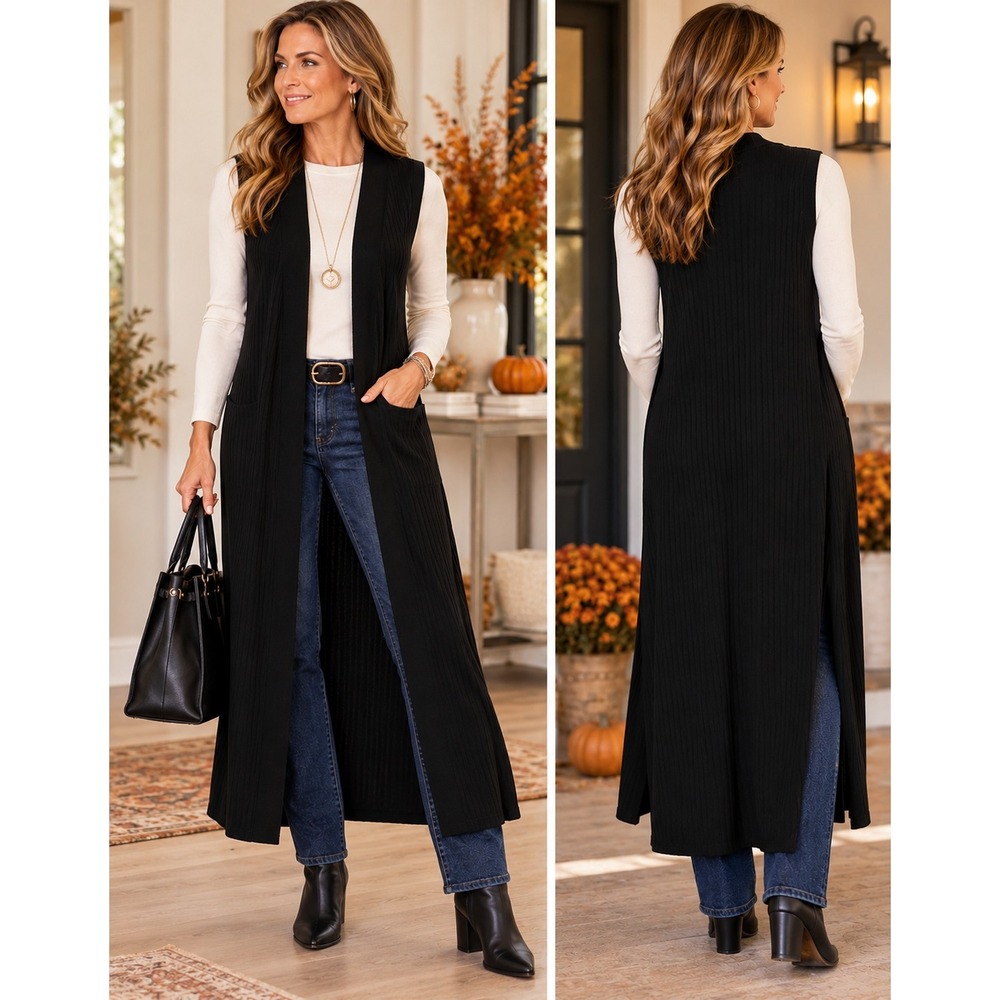 Chicos Travelers Duster Vest Women 2 Black Longline Ribbed Open Front Sleeveless